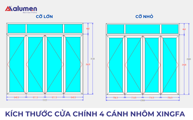 Tư vấn kích thước cửa chính 4 cánh nhôm Xingfa chuẩn phong thủy, đón tài lộc