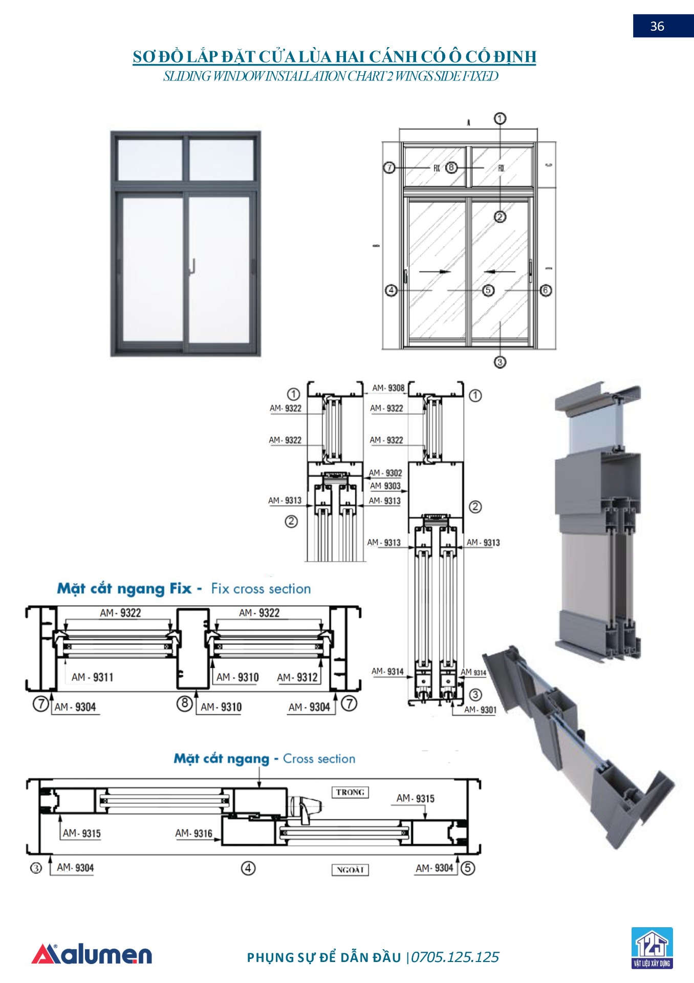 Sơ đồ lắp đặt cửa lùa hai cánh có ô cố định của nhôm xingfa hệ 93.