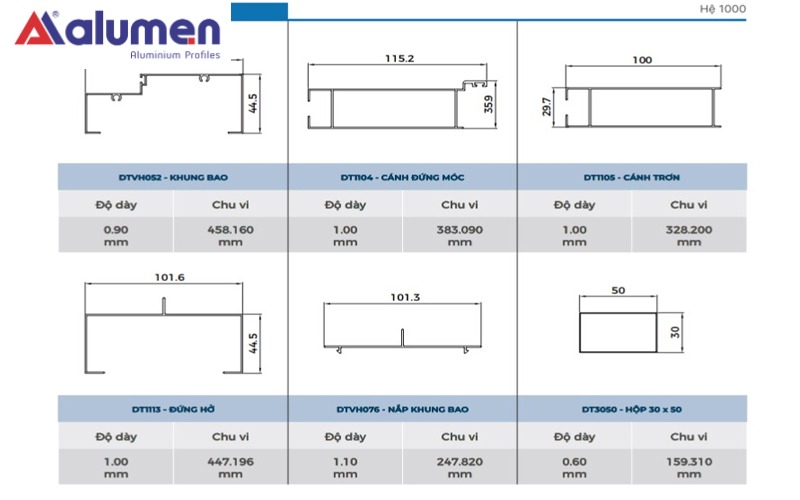 Mặt cắt cửa nhôm Xingfa hệ 1000