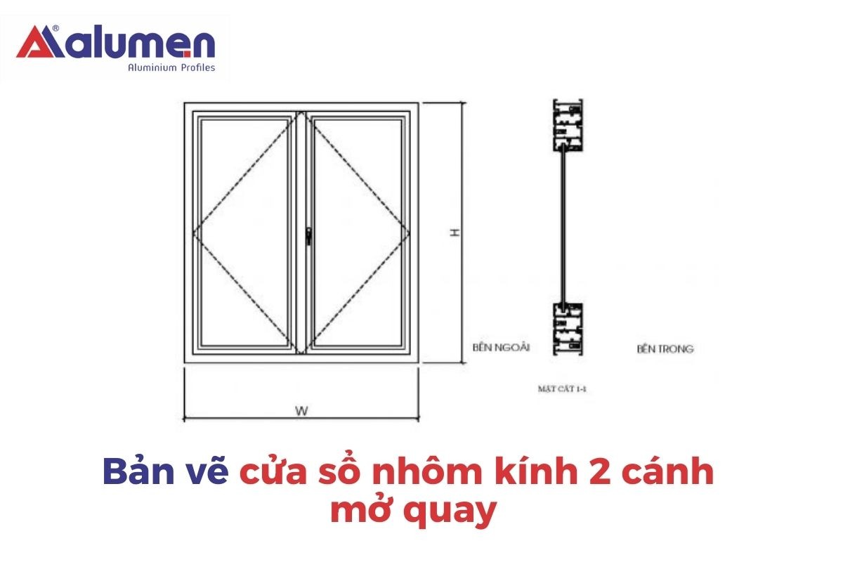 Bản vẽ thiết kế của cửa sổ nhôm kính 2 cánh mở quay.