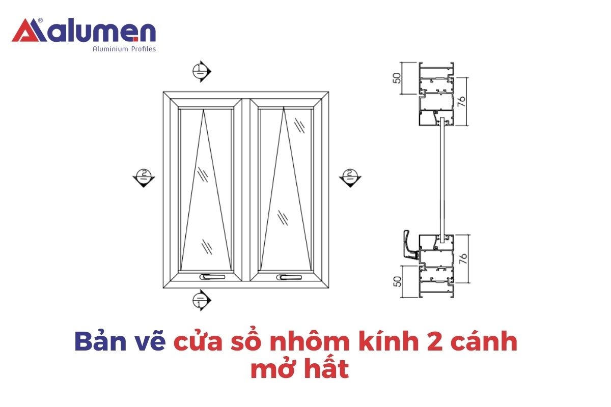 Bản vẽ thiết kế của cửa sổ nhôm kính 2 cánh mở hất.