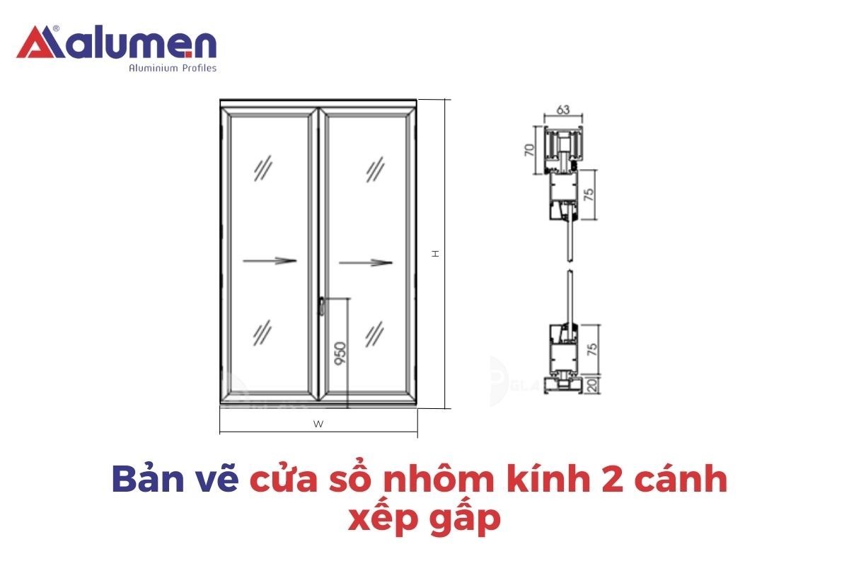 Bản vẽ thiết kế của cửa sổ nhôm kính 2 cánh xếp gấp (dọc).