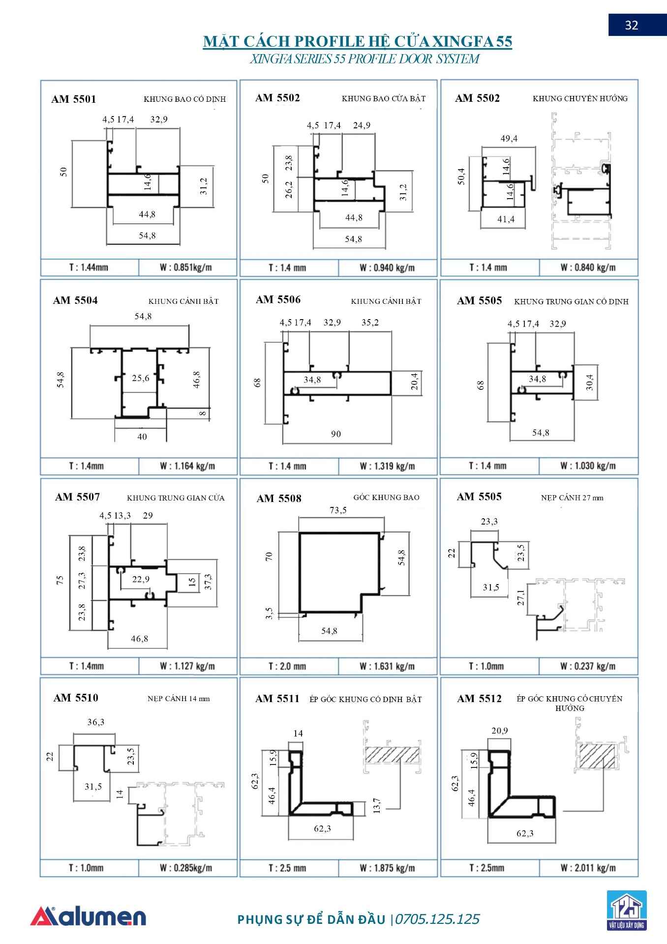 Mặt cắt profile của hệ cửa nhôm Xingfa Alumen hệ 55.