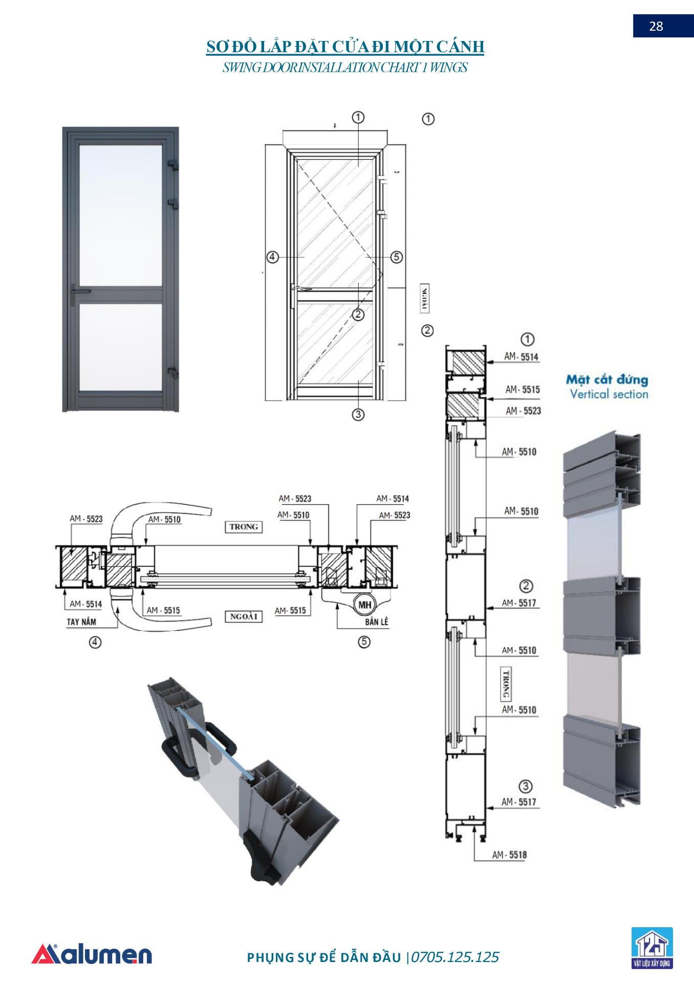 Sơ đồ lắp đặt cửa đi 1 cánh và mặt cắt của nhôm Xingfa Alumen hệ 55.