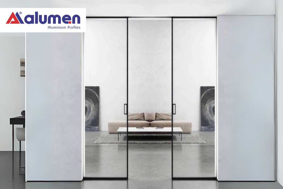 Cửa lùa nhôm hệ Slim 2 cánh âm tường.