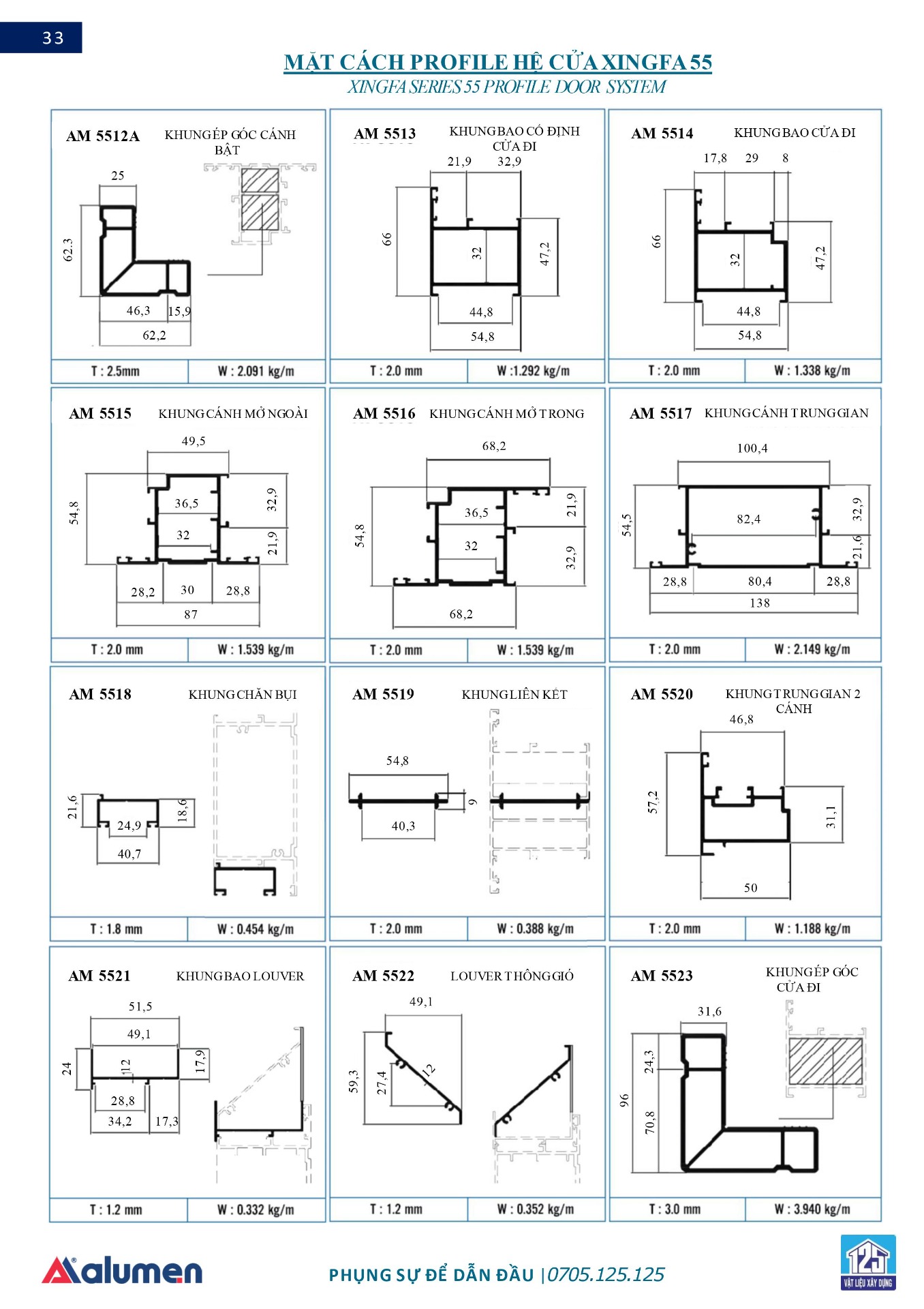 Mặt cắt profile của hệ cửa nhôm Xingfa Alumen hệ 55.